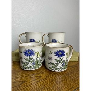 Set of 4 Vintage Brown Speckled Wild Flowers Coffee Tea Cups Mugs Boho 70s